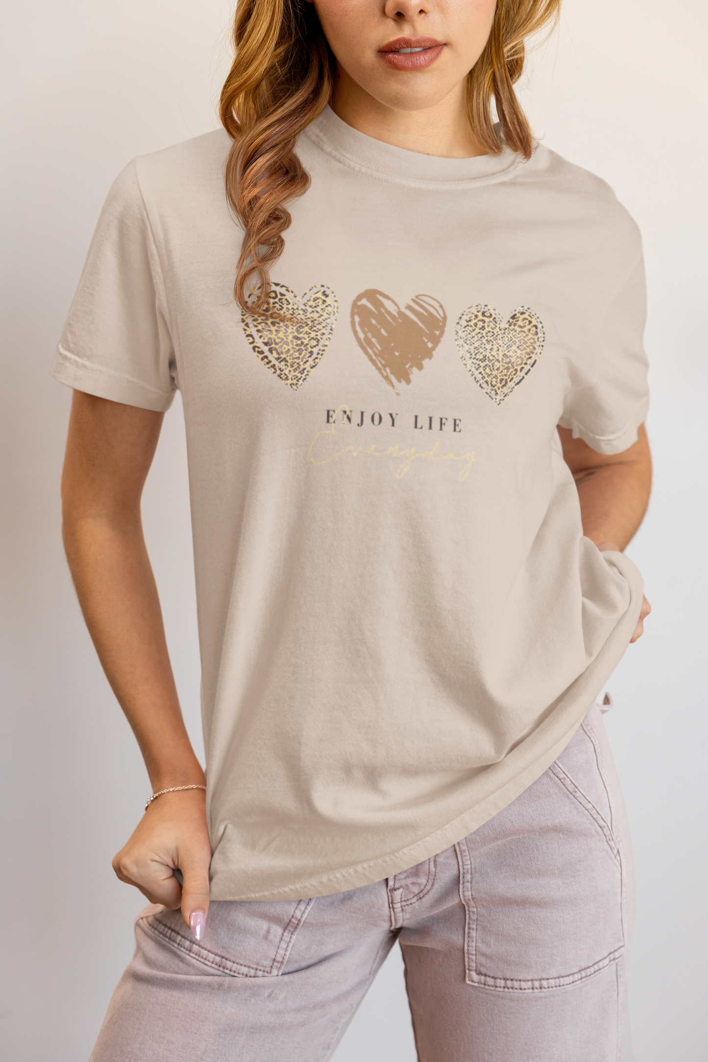 Leopard Heart Graphic Tee - Enjoy Life Everyday Aesthetic Boho T-Shirt - Cozy  Top
