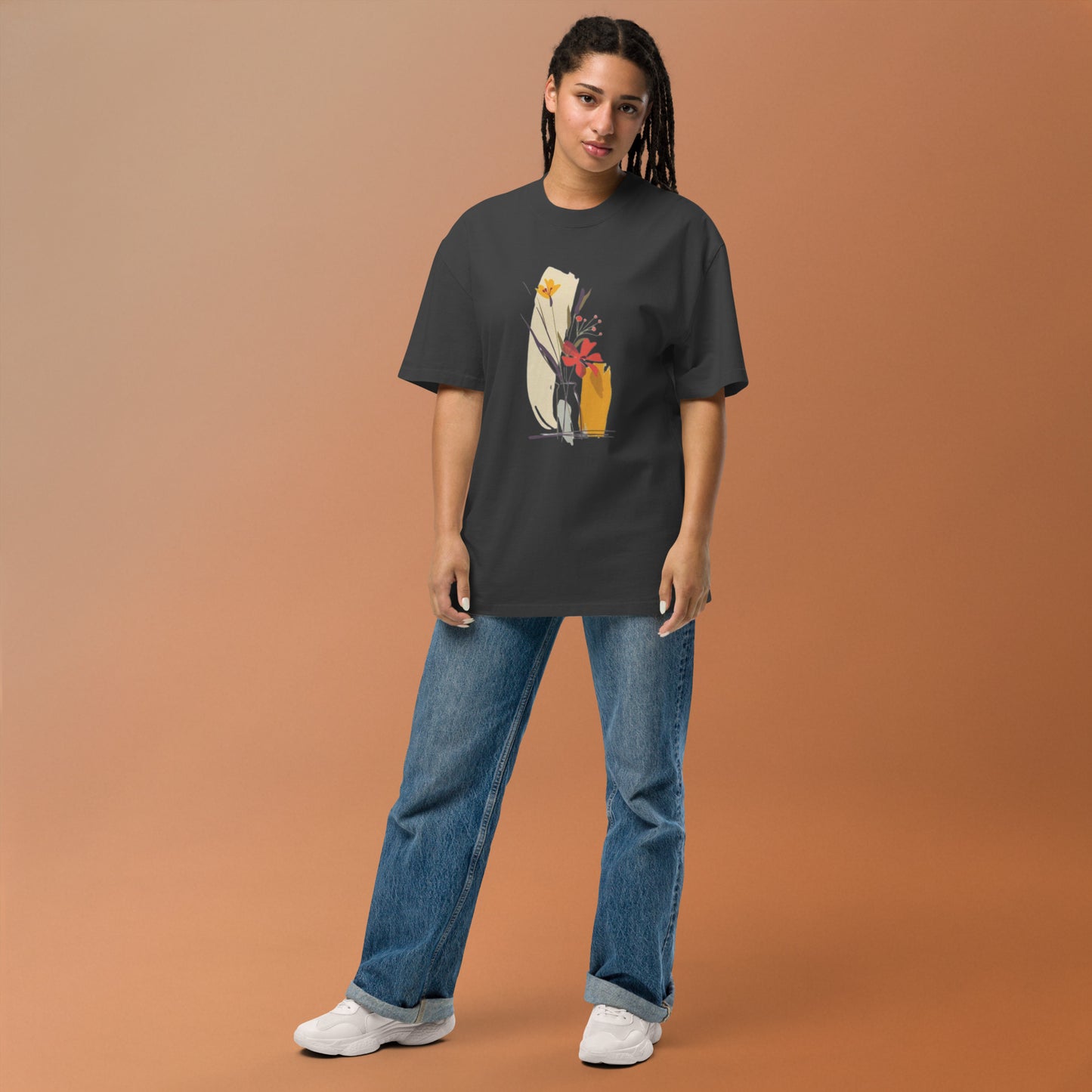 Oversized Faded Cotton T-Shirt with Abstract Botanical Print – Vintage Woman Vintage Tee