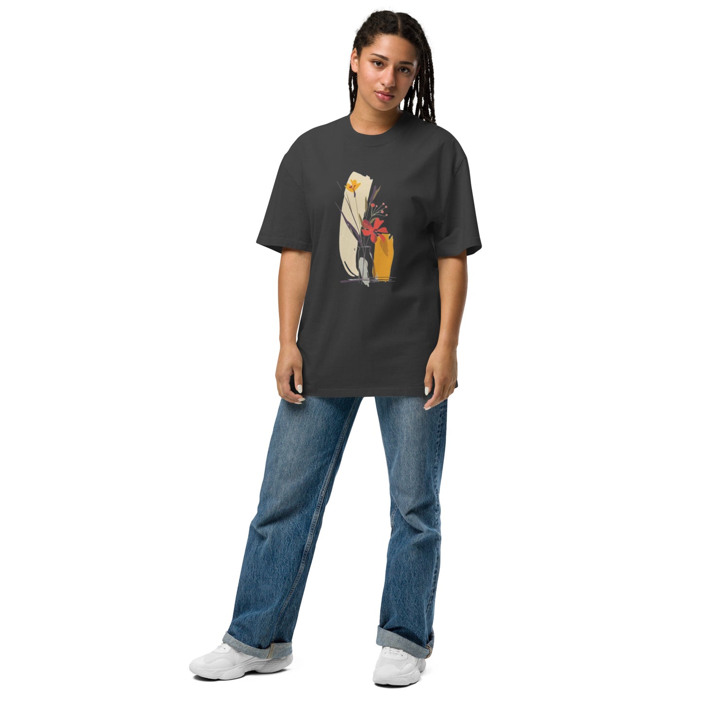 Oversized Faded Cotton T-Shirt with Abstract Botanical Print – Vintage Woman Vintage Tee