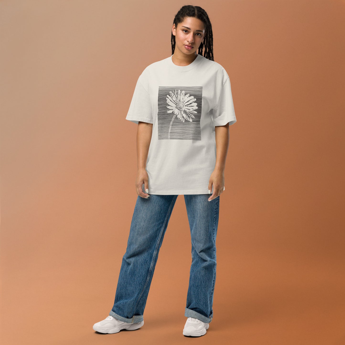 The Botanical Daisy Oversized Faded T-Shirt – Premium Linocut Style Graphic Tee