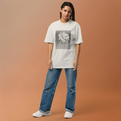 The Botanical Daisy Oversized Faded T-Shirt – Premium Linocut Style Graphic Tee