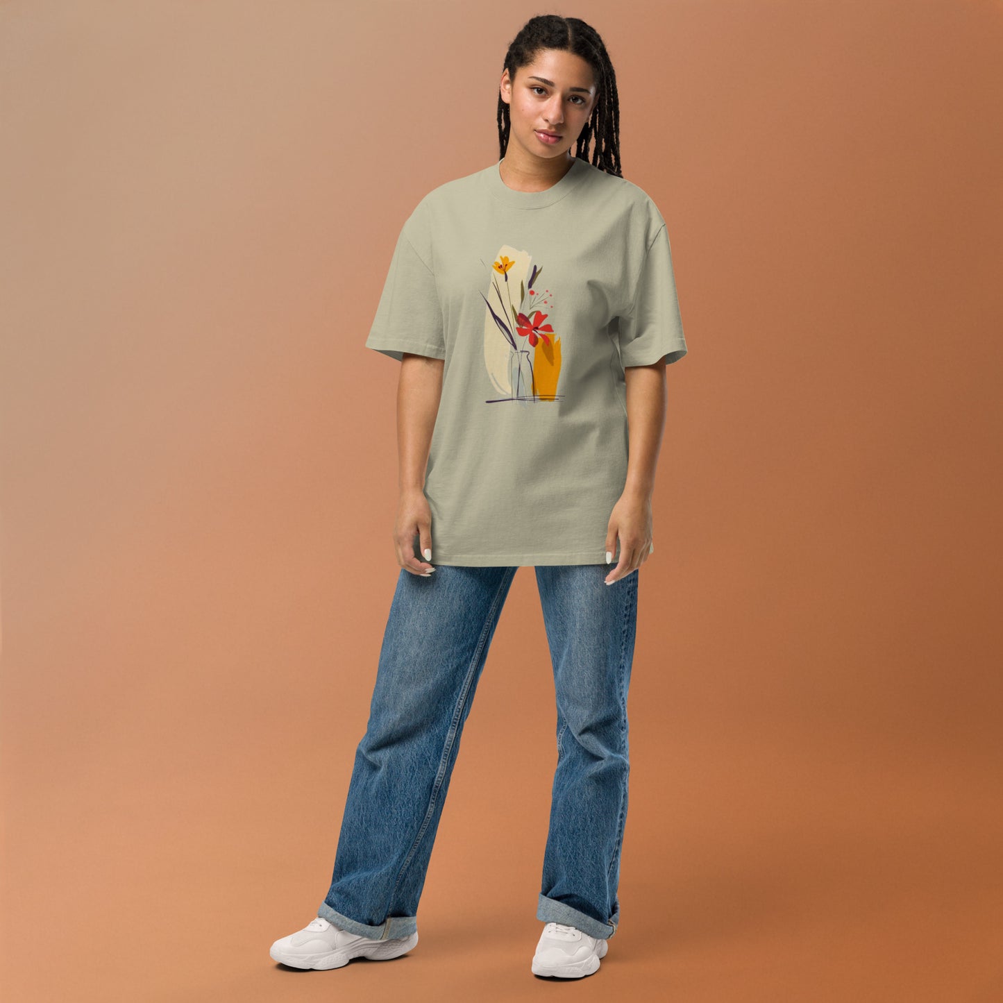 Oversized Faded Cotton T-Shirt with Abstract Botanical Print – Vintage Woman Vintage Tee