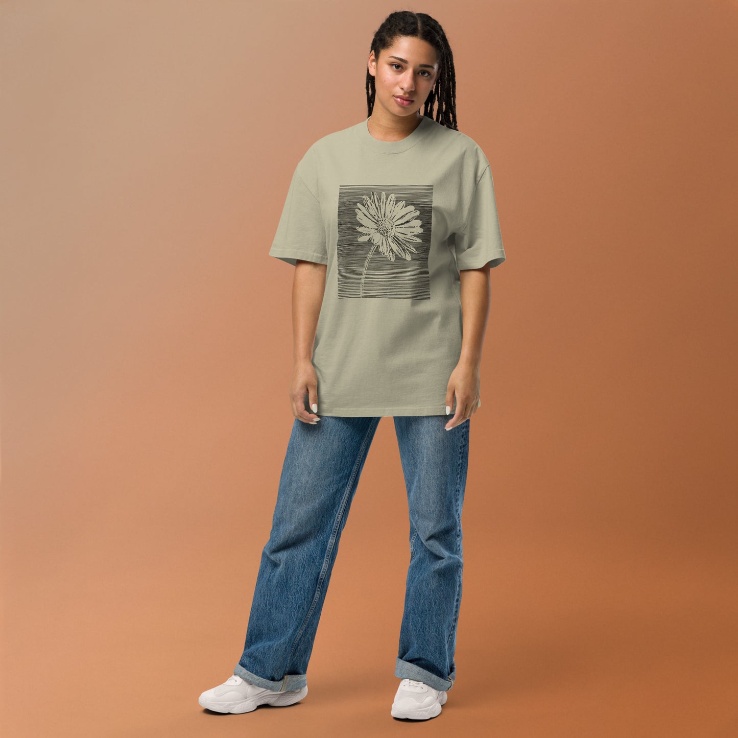 The Botanical Daisy Oversized Faded T-Shirt – Premium Linocut Style Graphic Tee