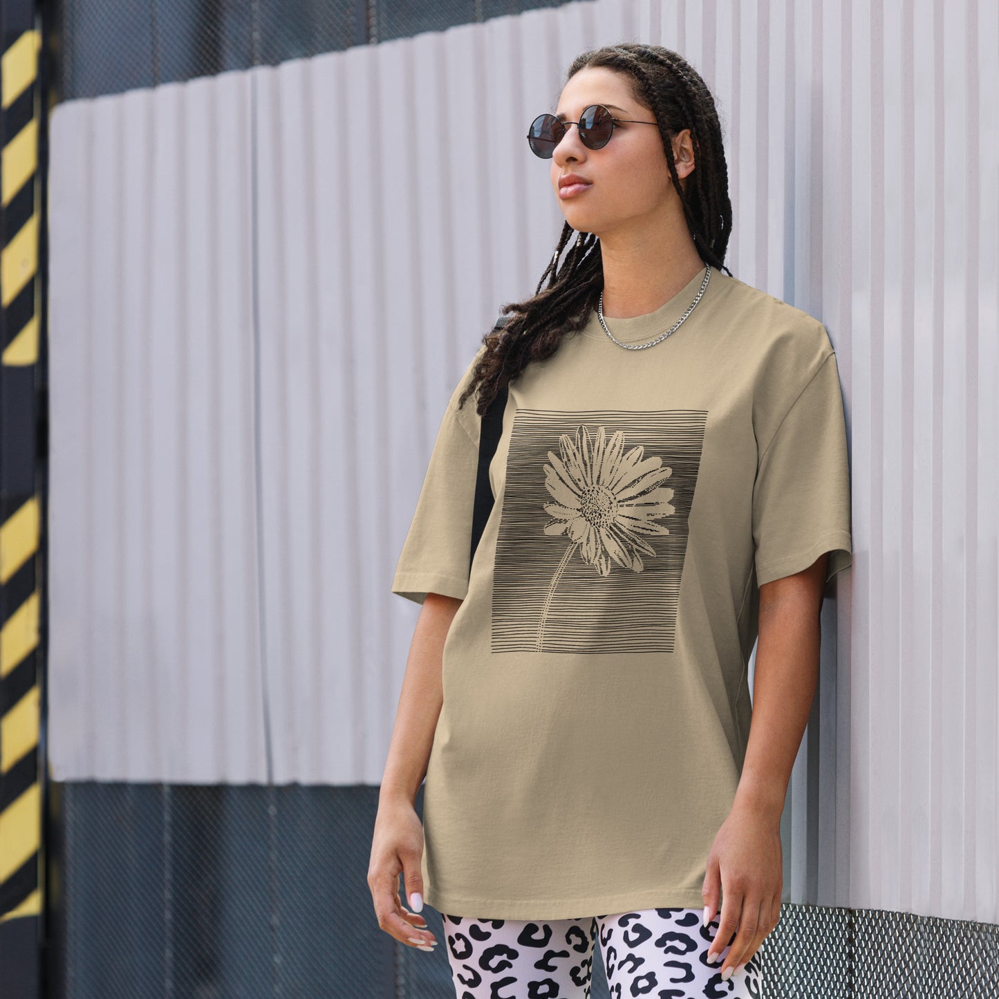 The Botanical Daisy Oversized Faded T-Shirt – Premium Linocut Style Graphic Tee
