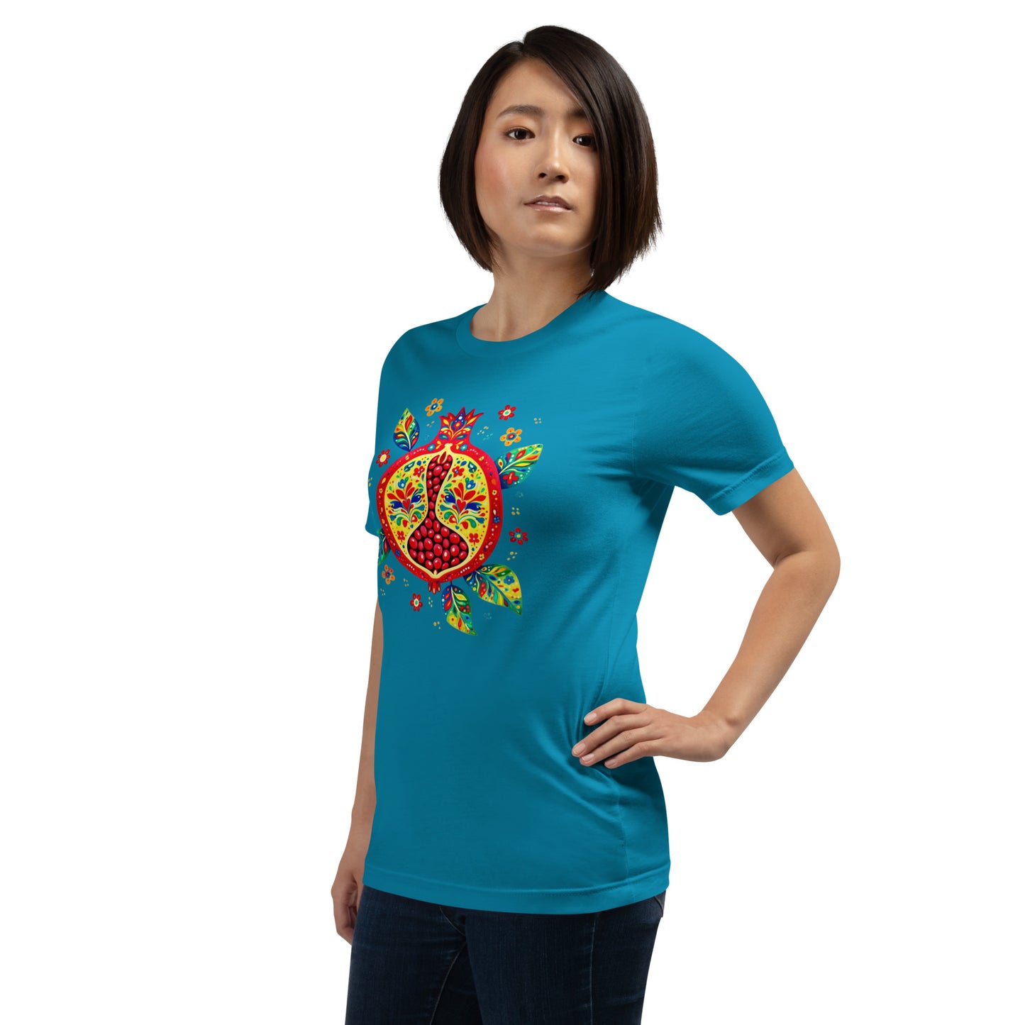 Elyx "Vibrant Pomegranate" Folk Art Graphic Tee - Premium Soft Cotton T-Shirt for Women