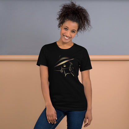 Minimalist Gold Line Art Elegant Woman T-Shirt - Mysterious Lady in Hat Graphic Tee