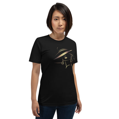 Minimalist Gold Line Art Elegant Woman T-Shirt - Mysterious Lady in Hat Graphic Tee