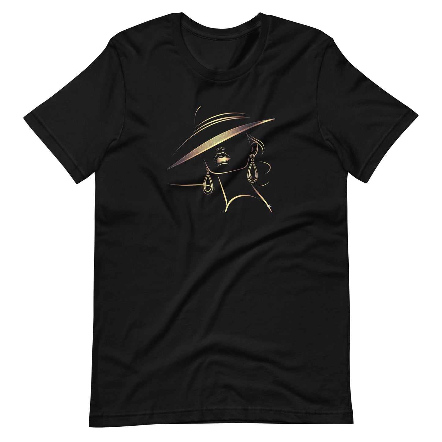 Minimalist Gold Line Art Elegant Woman T-Shirt - Mysterious Lady in Hat Graphic Tee