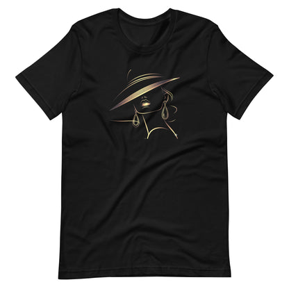 Minimalist Gold Line Art Elegant Woman T-Shirt - Mysterious Lady in Hat Graphic Tee