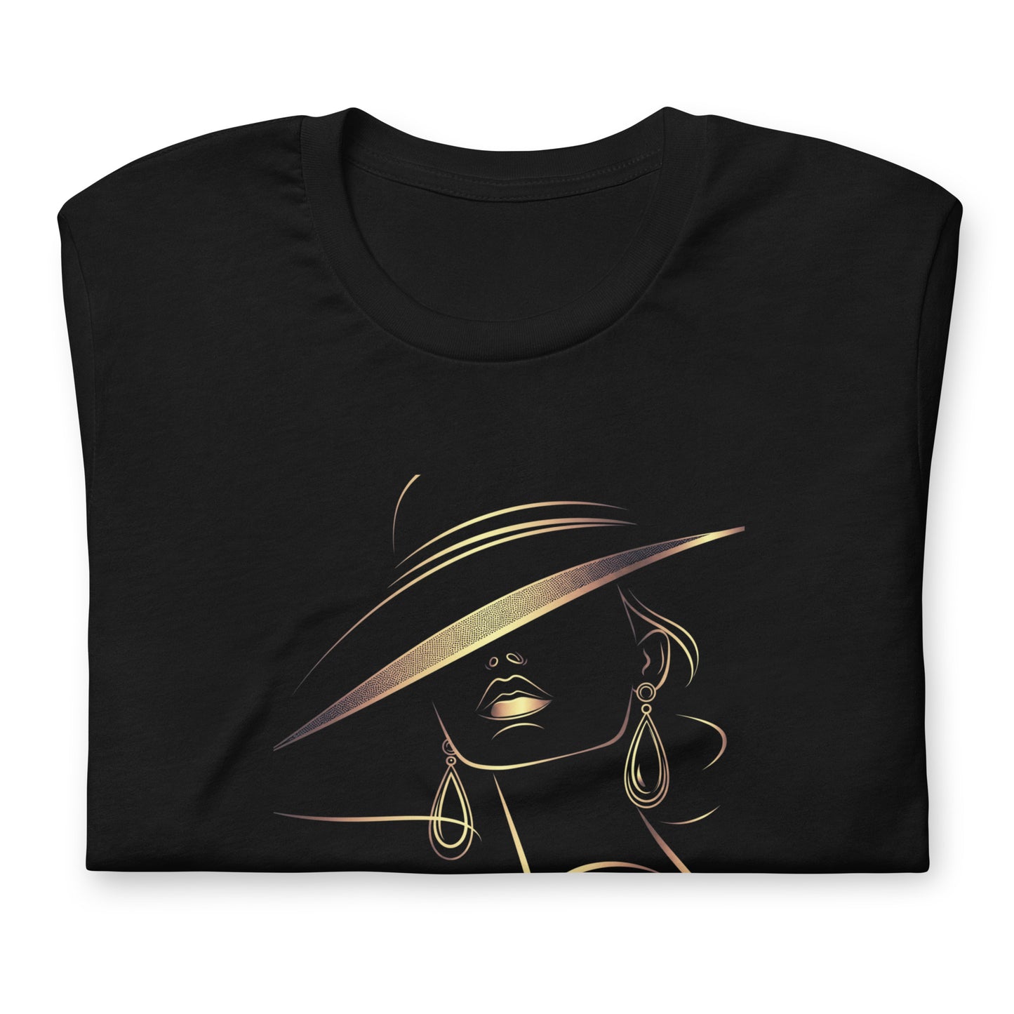 Minimalist Gold Line Art Elegant Woman T-Shirt - Mysterious Lady in Hat Graphic Tee