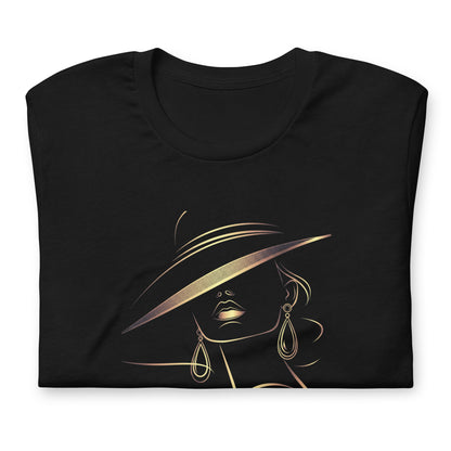 Minimalist Gold Line Art Elegant Woman T-Shirt - Mysterious Lady in Hat Graphic Tee