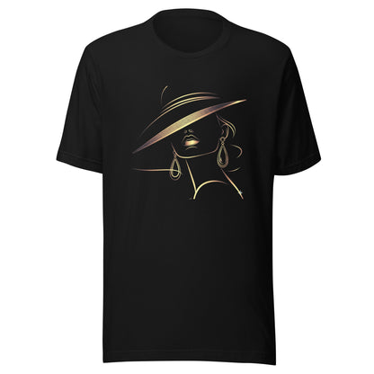 Minimalist Gold Line Art Elegant Woman T-Shirt - Mysterious Lady in Hat Graphic Tee