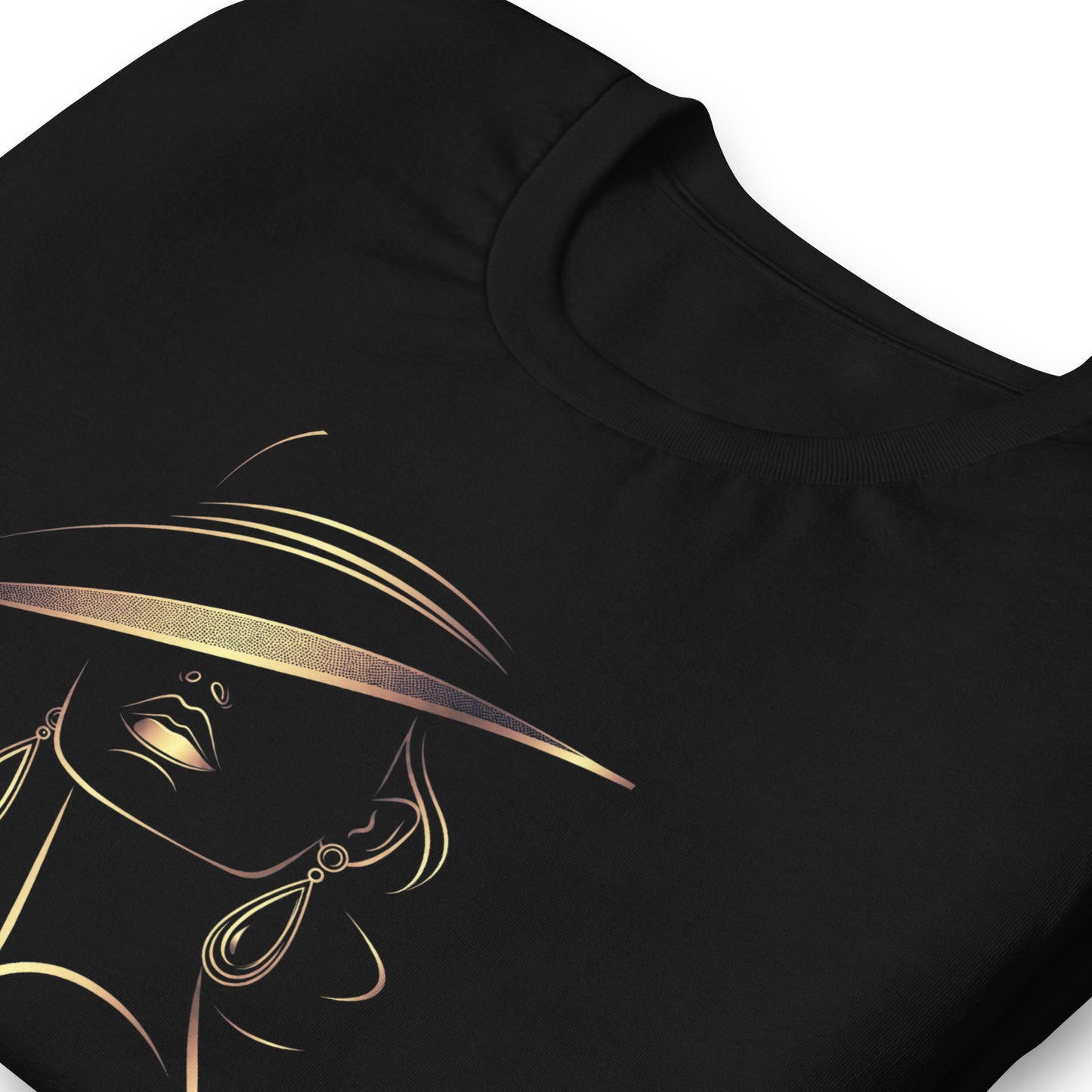 Minimalist Gold Line Art Elegant Woman T-Shirt - Mysterious Lady in Hat Graphic Tee