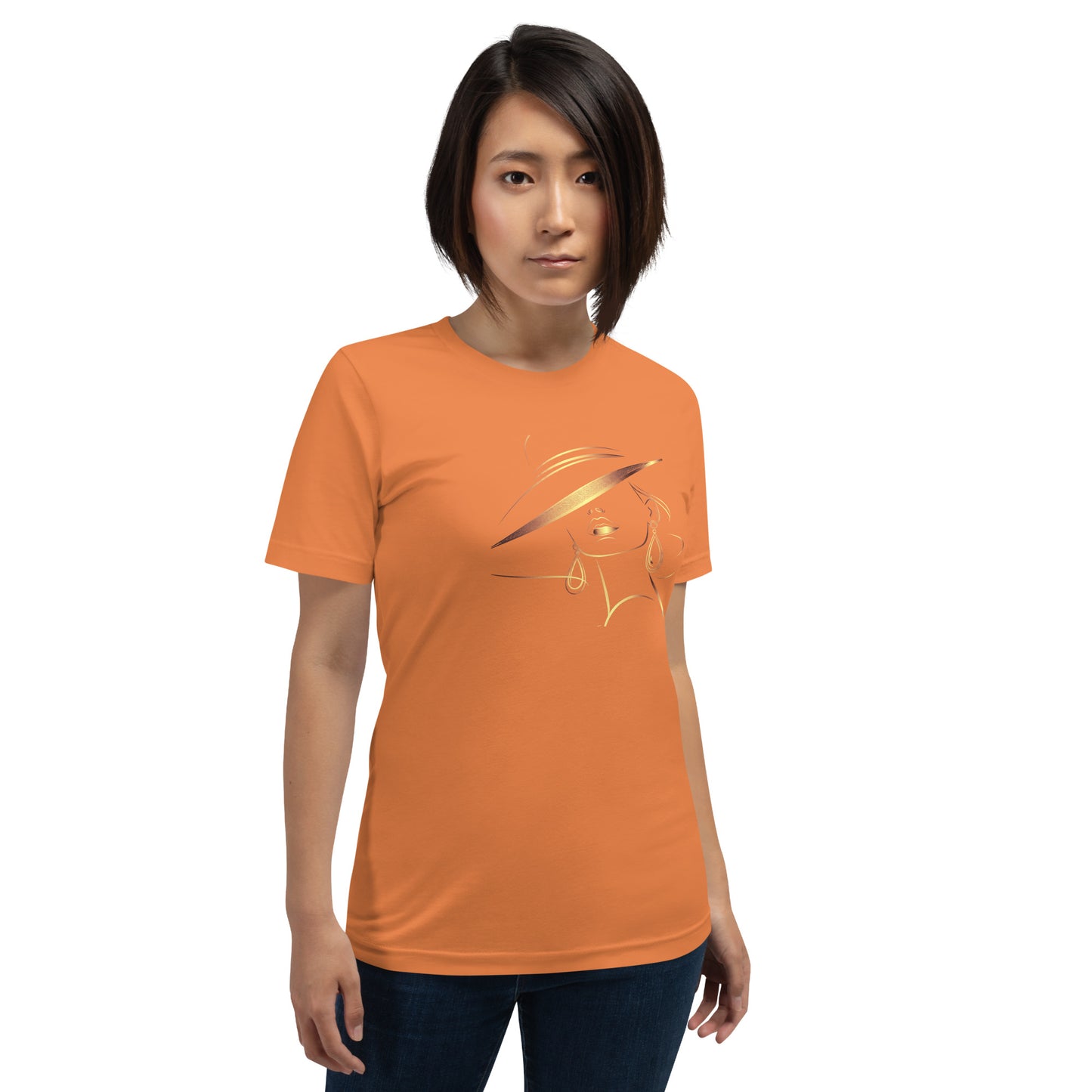 Minimalist Gold Line Art Elegant Woman T-Shirt - Mysterious Lady in Hat Graphic Tee