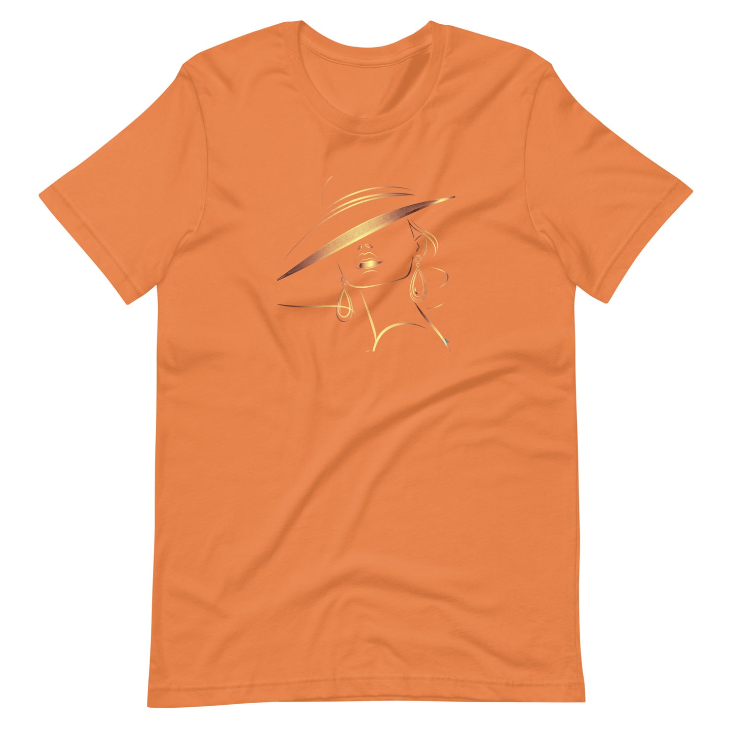 Minimalist Gold Line Art Elegant Woman T-Shirt - Mysterious Lady in Hat Graphic Tee