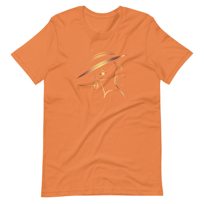 Minimalist Gold Line Art Elegant Woman T-Shirt - Mysterious Lady in Hat Graphic Tee