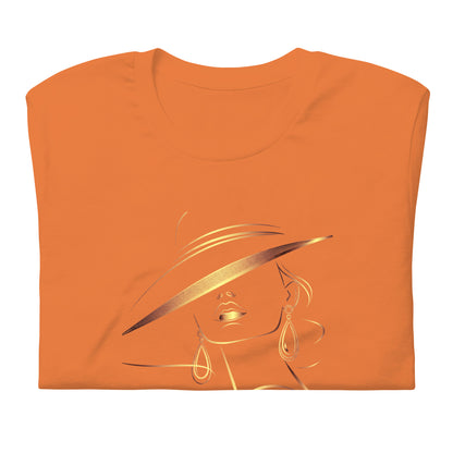 Minimalist Gold Line Art Elegant Woman T-Shirt - Mysterious Lady in Hat Graphic Tee