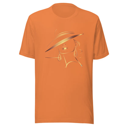 Minimalist Gold Line Art Elegant Woman T-Shirt - Mysterious Lady in Hat Graphic Tee