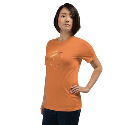Minimalist Gold Line Art Elegant Woman T-Shirt - Mysterious Lady in Hat Graphic Tee
