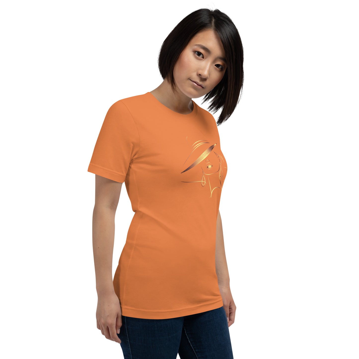 Minimalist Gold Line Art Elegant Woman T-Shirt - Mysterious Lady in Hat Graphic Tee