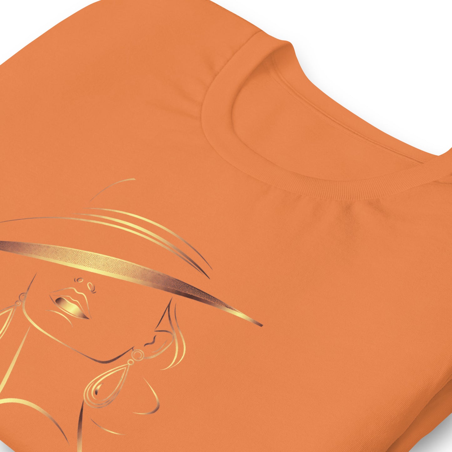 Minimalist Gold Line Art Elegant Woman T-Shirt - Mysterious Lady in Hat Graphic Tee