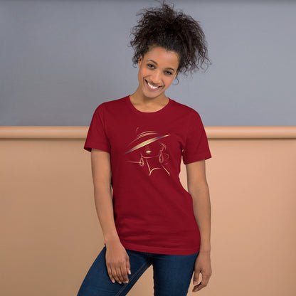 Minimalist Gold Line Art Elegant Woman T-Shirt - Mysterious Lady in Hat Graphic Tee
