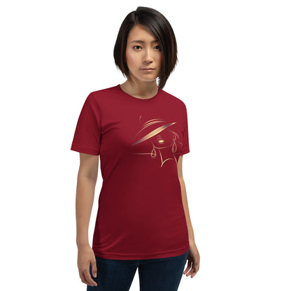 Minimalist Gold Line Art Elegant Woman T-Shirt - Mysterious Lady in Hat Graphic Tee
