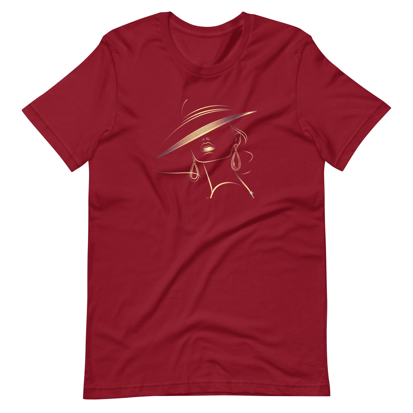 Minimalist Gold Line Art Elegant Woman T-Shirt - Mysterious Lady in Hat Graphic Tee