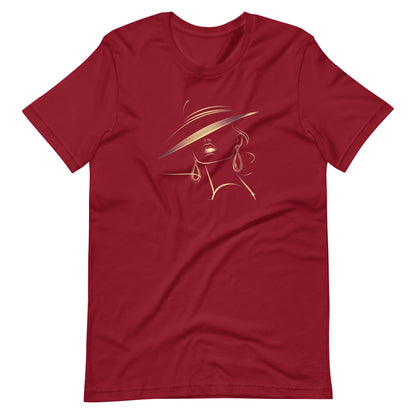 Minimalist Gold Line Art Elegant Woman T-Shirt - Mysterious Lady in Hat Graphic Tee