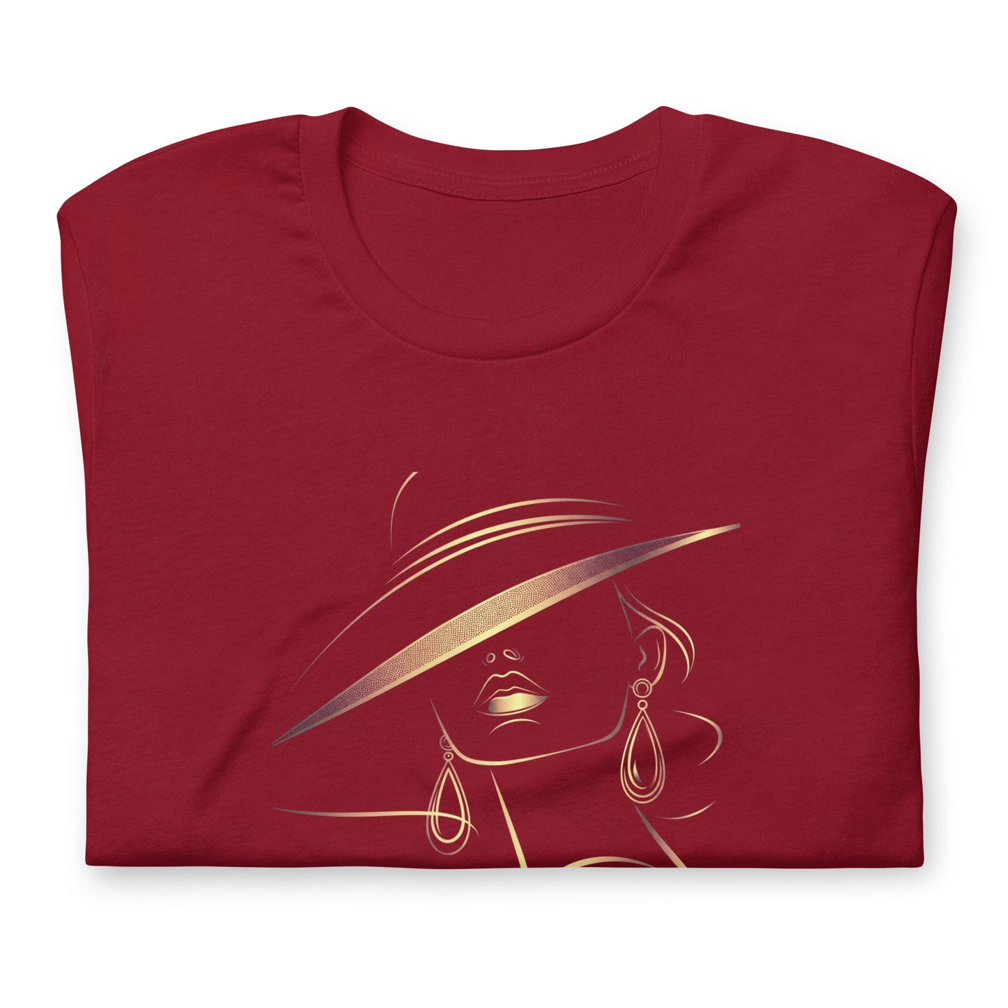 Minimalist Gold Line Art Elegant Woman T-Shirt - Mysterious Lady in Hat Graphic Tee
