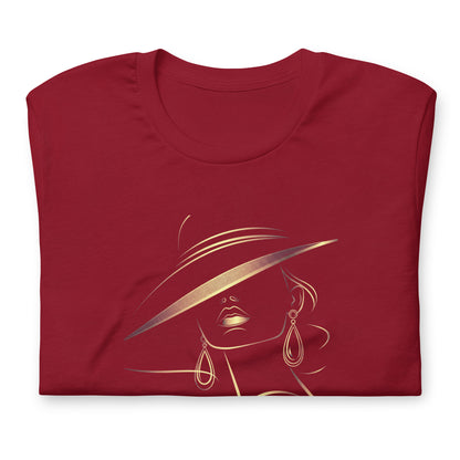Minimalist Gold Line Art Elegant Woman T-Shirt - Mysterious Lady in Hat Graphic Tee