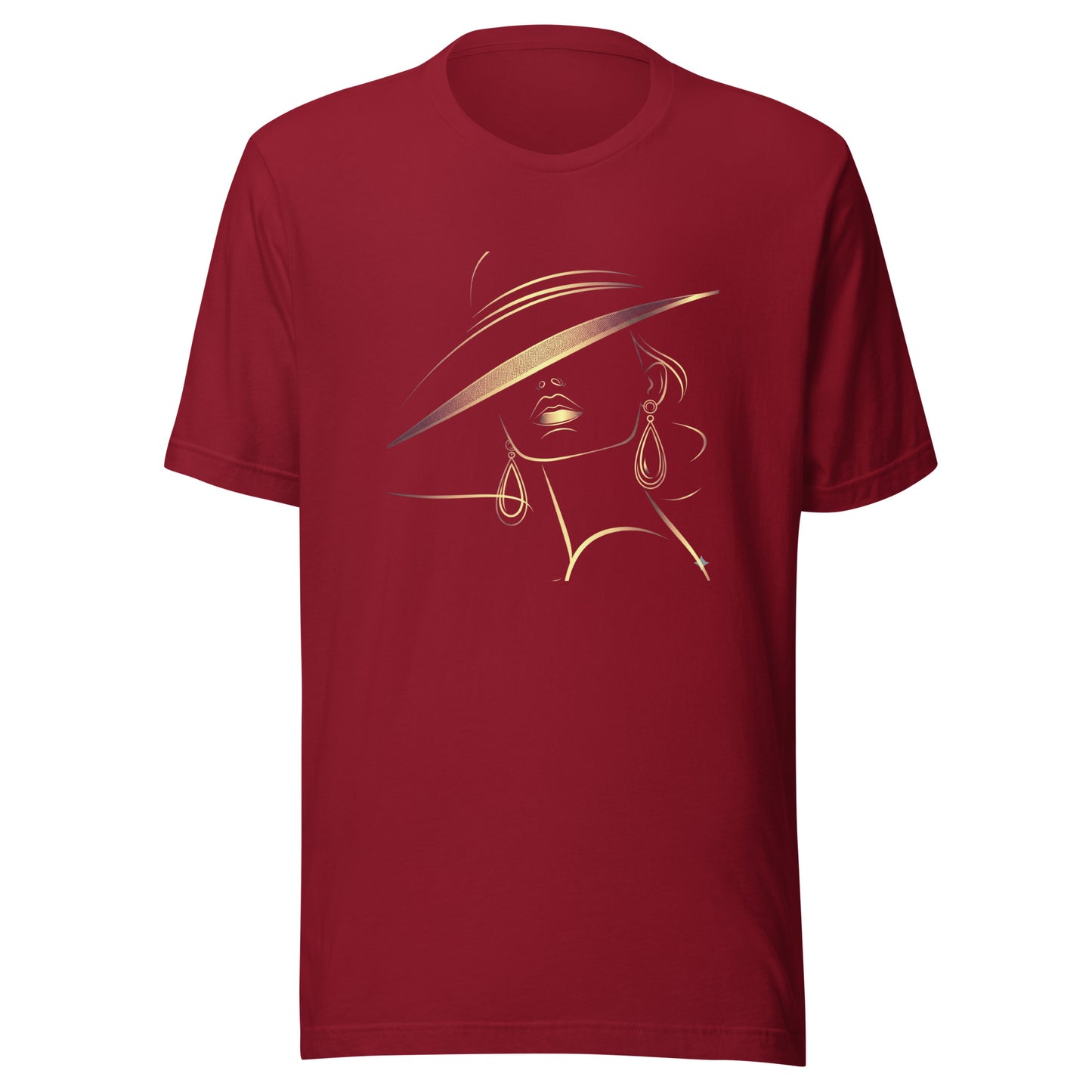 Minimalist Gold Line Art Elegant Woman T-Shirt - Mysterious Lady in Hat Graphic Tee