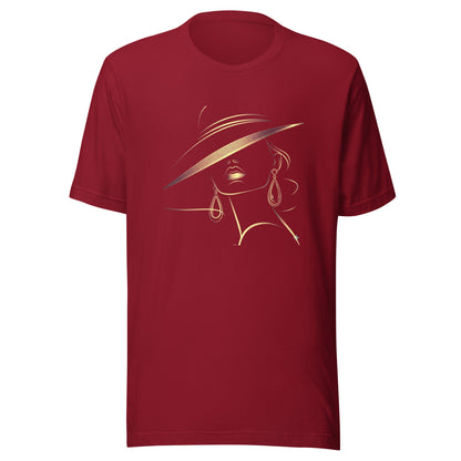 Minimalist Gold Line Art Elegant Woman T-Shirt - Mysterious Lady in Hat Graphic Tee
