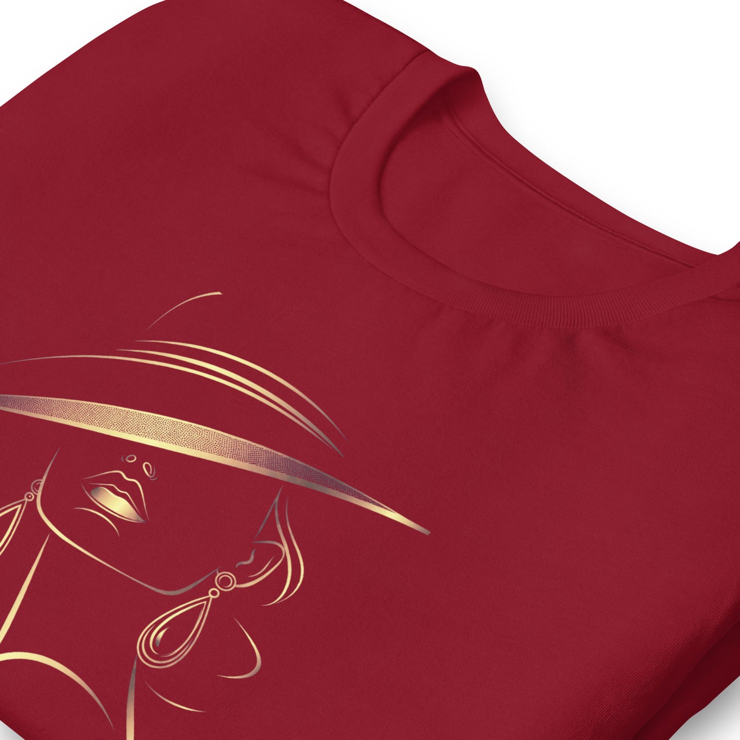 Minimalist Gold Line Art Elegant Woman T-Shirt - Mysterious Lady in Hat Graphic Tee