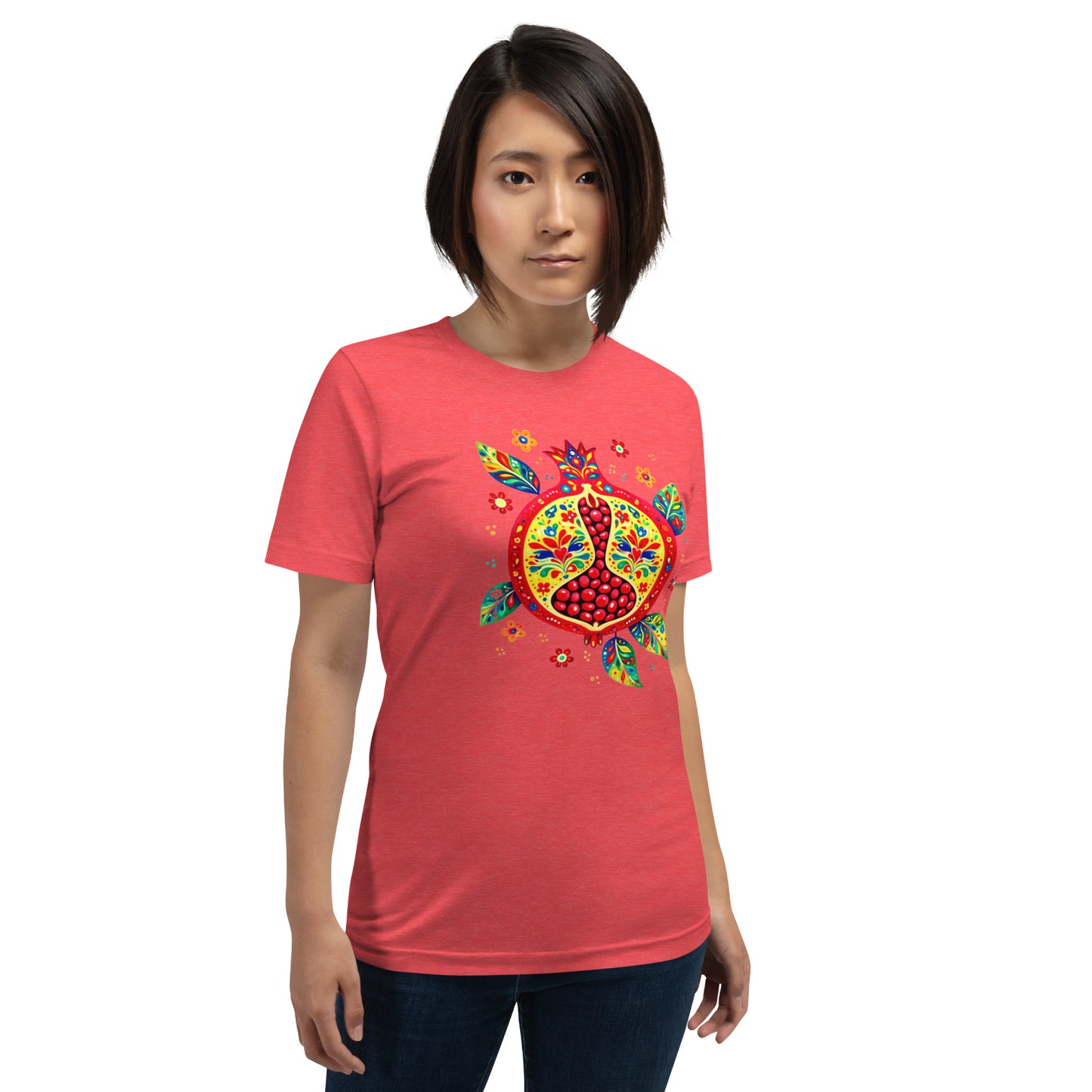 Elyx "Vibrant Pomegranate" Folk Art Graphic Tee - Premium Soft Cotton T-Shirt for Women