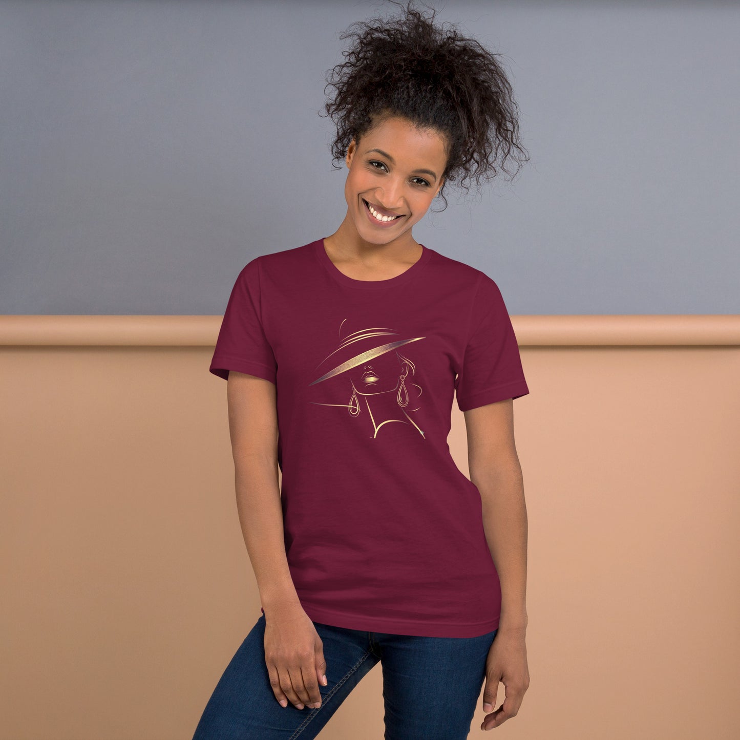 Minimalist Gold Line Art Elegant Woman T-Shirt - Mysterious Lady in Hat Graphic Tee