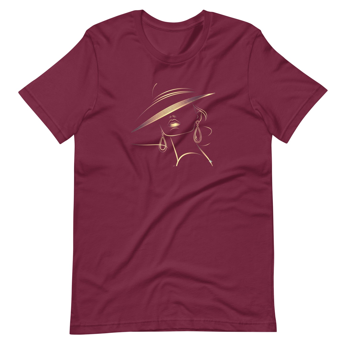 Minimalist Gold Line Art Elegant Woman T-Shirt - Mysterious Lady in Hat Graphic Tee