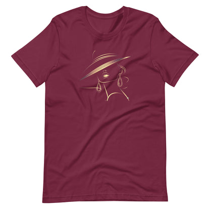 Minimalist Gold Line Art Elegant Woman T-Shirt - Mysterious Lady in Hat Graphic Tee
