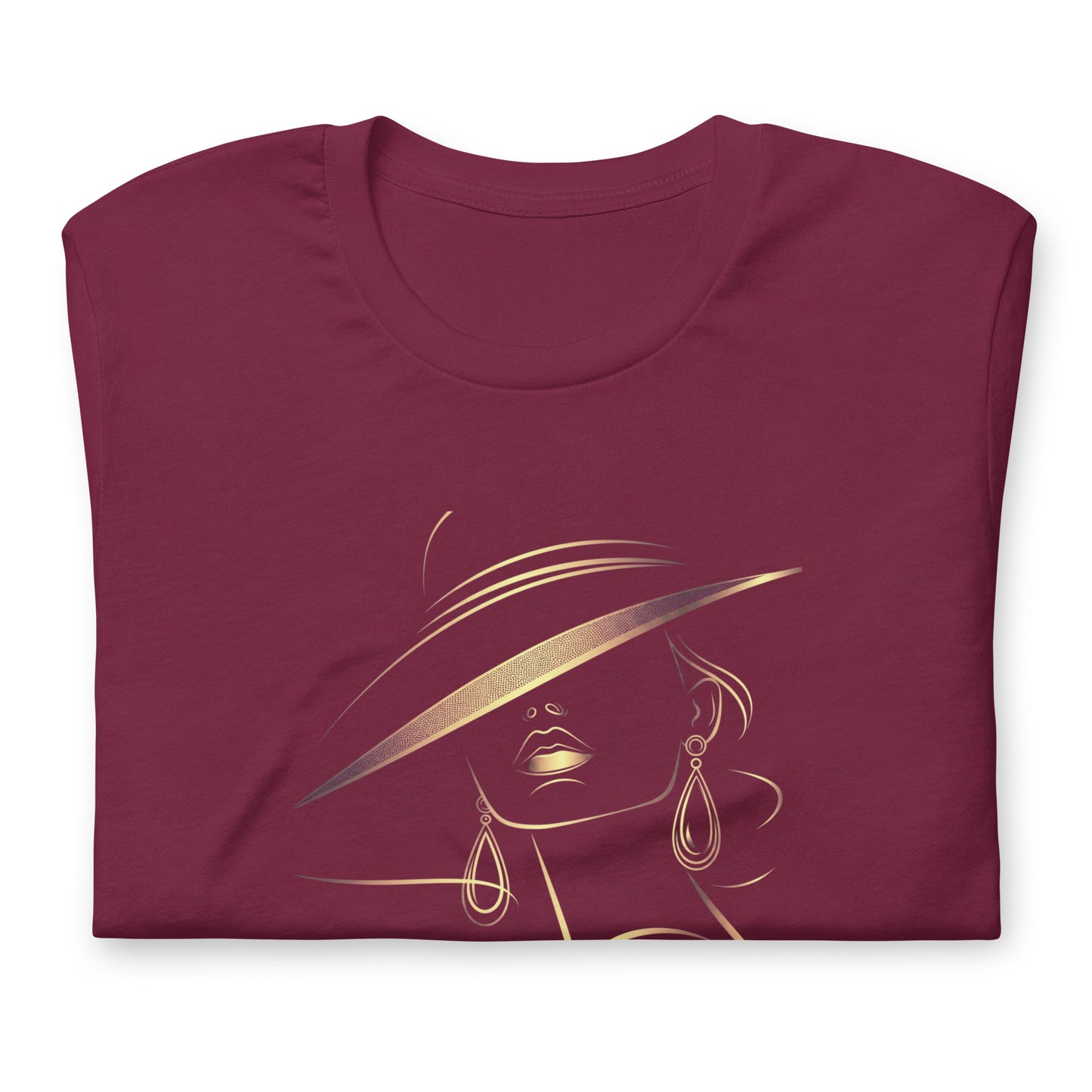 Minimalist Gold Line Art Elegant Woman T-Shirt - Mysterious Lady in Hat Graphic Tee