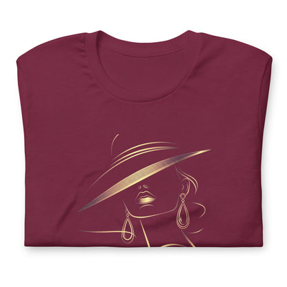Minimalist Gold Line Art Elegant Woman T-Shirt - Mysterious Lady in Hat Graphic Tee