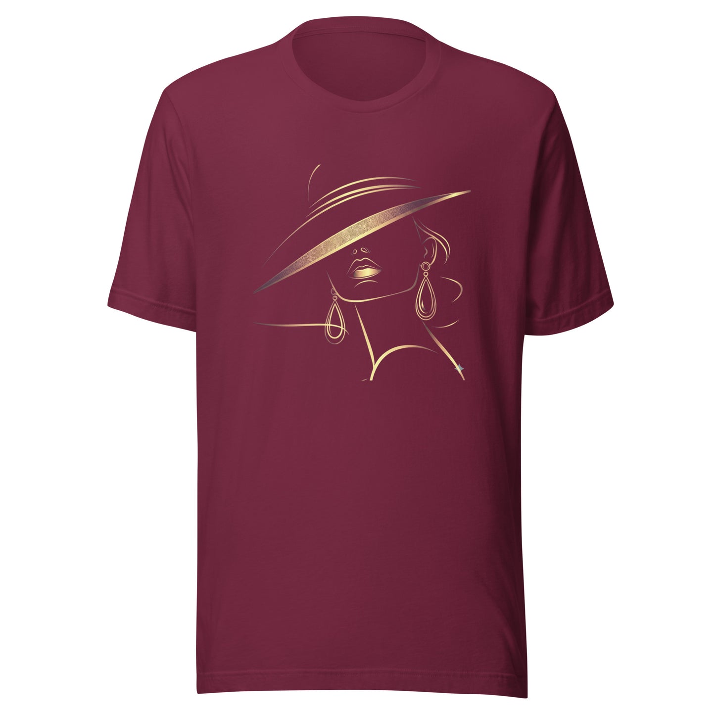 Minimalist Gold Line Art Elegant Woman T-Shirt - Mysterious Lady in Hat Graphic Tee