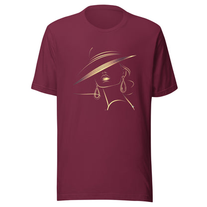Minimalist Gold Line Art Elegant Woman T-Shirt - Mysterious Lady in Hat Graphic Tee