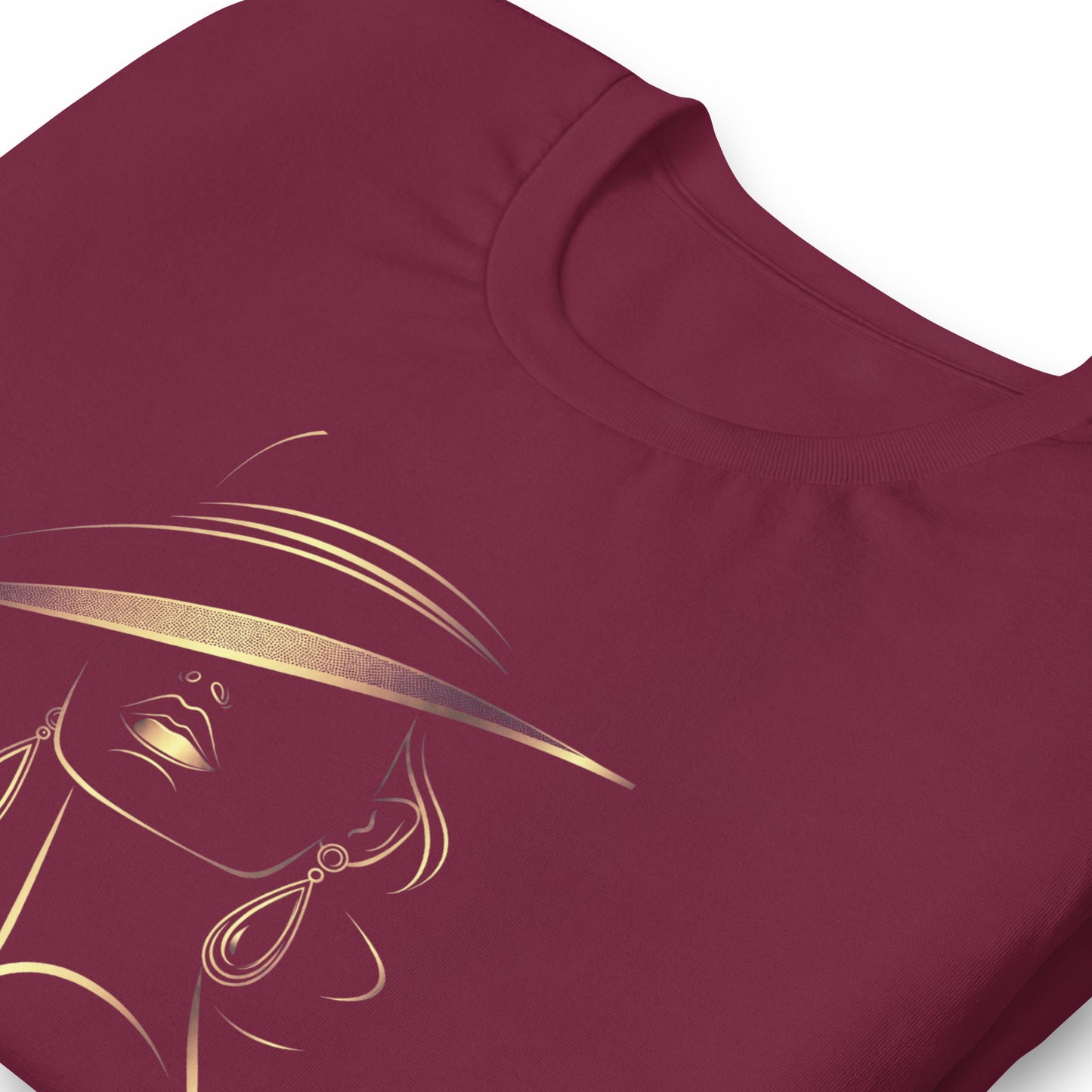 Minimalist Gold Line Art Elegant Woman T-Shirt - Mysterious Lady in Hat Graphic Tee