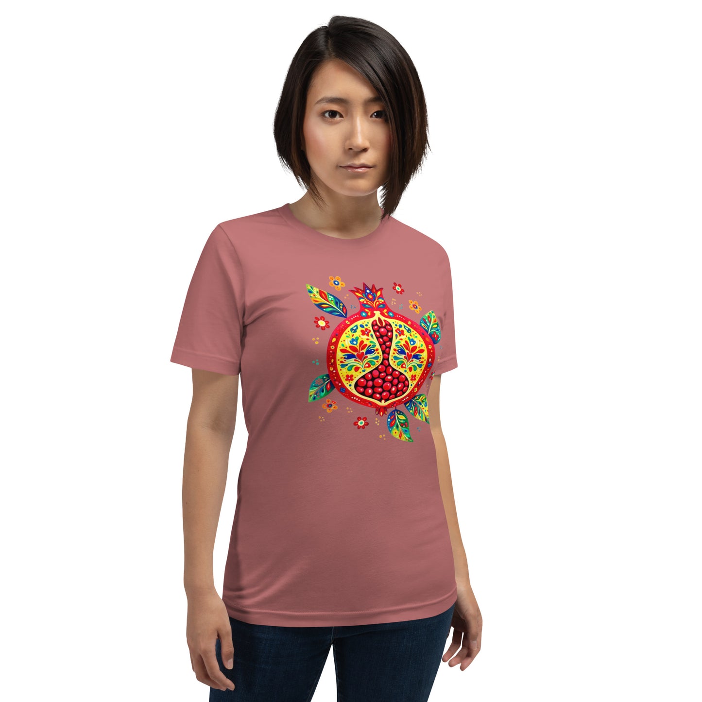 Elyx "Vibrant Pomegranate" Folk Art Graphic Tee - Premium Soft Cotton T-Shirt for Women
