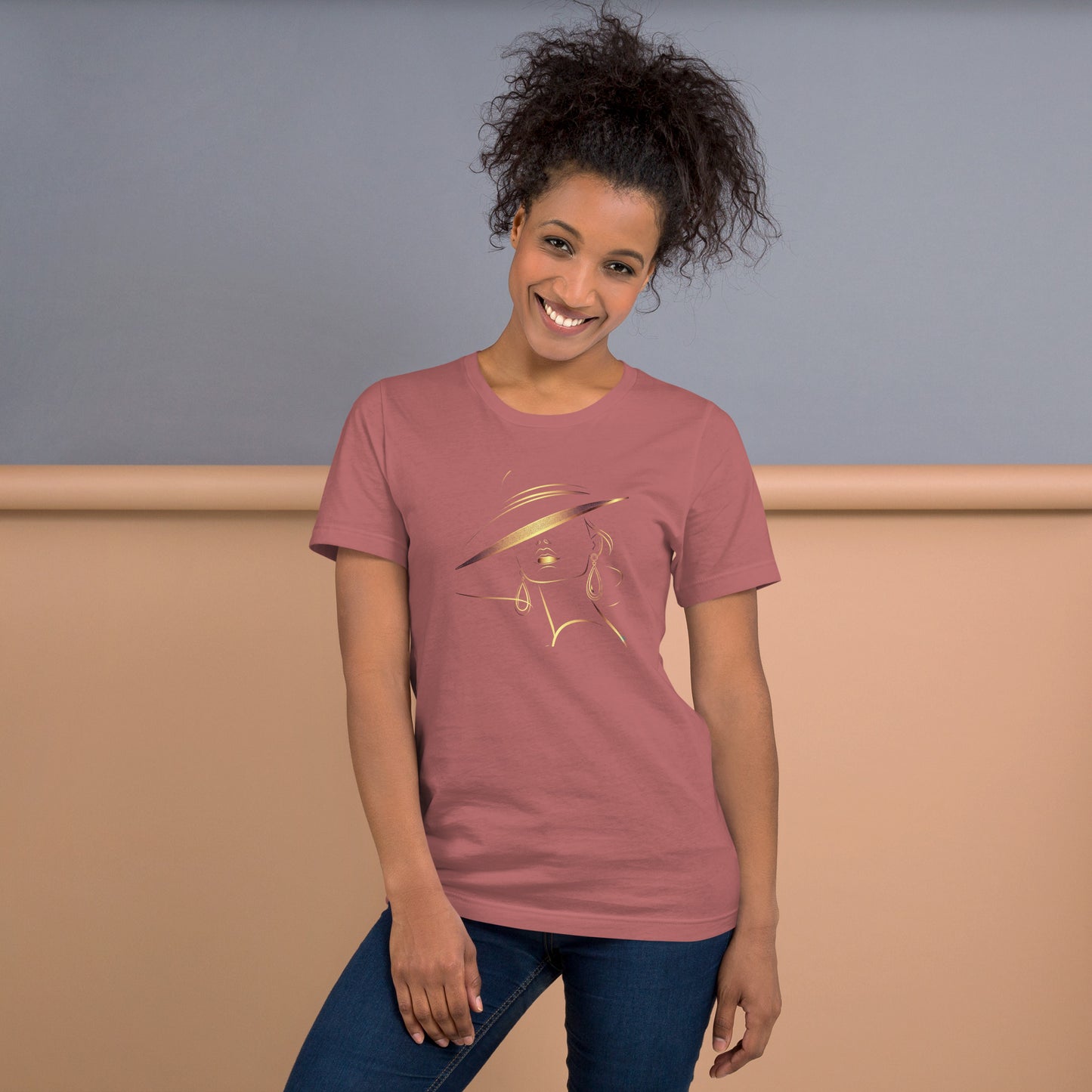 Minimalist Gold Line Art Elegant Woman T-Shirt - Mysterious Lady in Hat Graphic Tee
