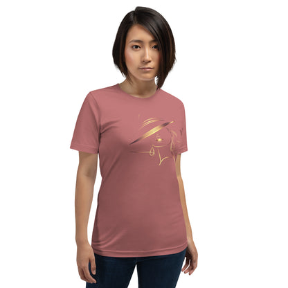 Minimalist Gold Line Art Elegant Woman T-Shirt - Mysterious Lady in Hat Graphic Tee