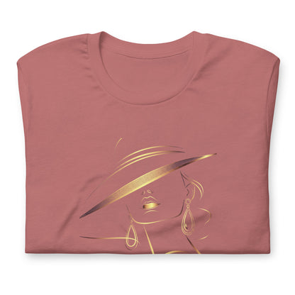 Minimalist Gold Line Art Elegant Woman T-Shirt - Mysterious Lady in Hat Graphic Tee