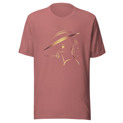 Minimalist Gold Line Art Elegant Woman T-Shirt - Mysterious Lady in Hat Graphic Tee