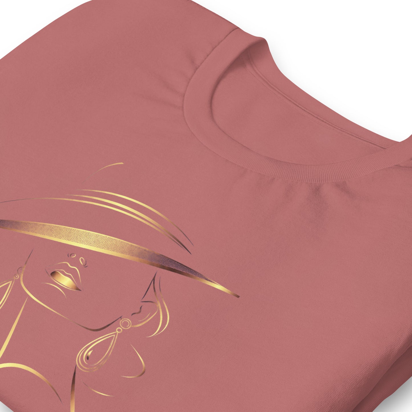 Minimalist Gold Line Art Elegant Woman T-Shirt - Mysterious Lady in Hat Graphic Tee