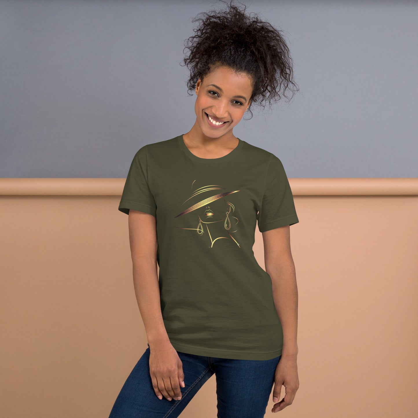 Minimalist Gold Line Art Elegant Woman T-Shirt - Mysterious Lady in Hat Graphic Tee